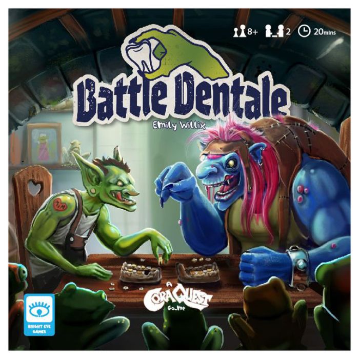 Battle Dentale - Colorful game box cover featuring two cartoonish fantasy creatures playing a board game, one green and one blue with red.