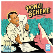Ponzi Scheme - Board game box cover with an illustrated man in a white suit shaking hands, a document, champagne glasses, and a crowd.