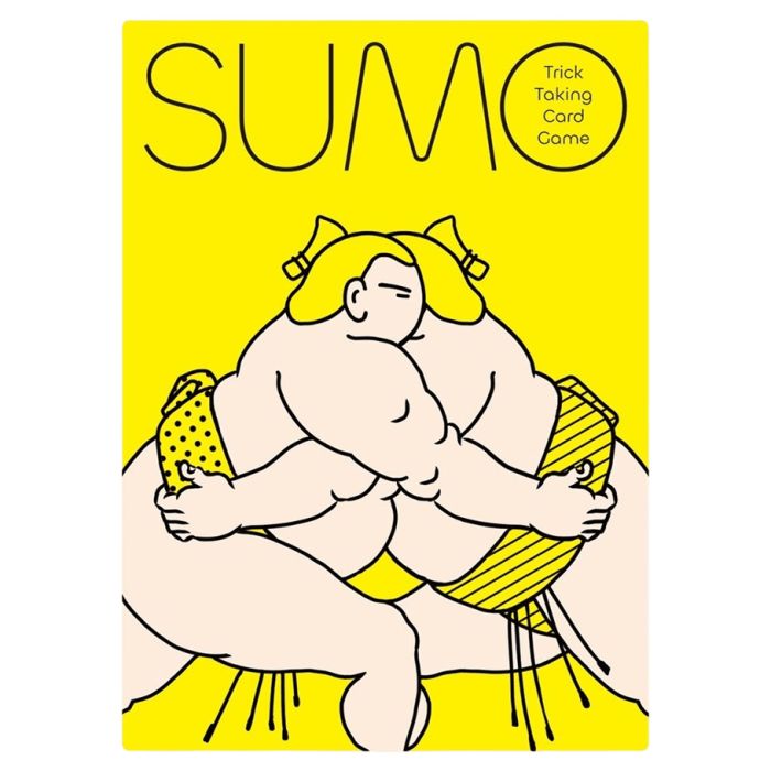 Sumo - Bright yellow card game box featuring cartoon sumo wrestlers in traditional mawashi wrestling stance.