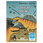 Tokkuri Taking - Card game box with cartoon dinosaurs and volcano, blue sky background, bold white title text.