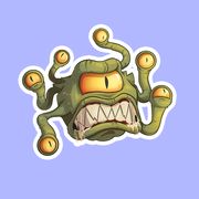 Beholder DnD Sticker - Green cartoon Beholder monster with one large central eye and five smaller eyes on stalks, sharp teeth, flat sticker shape.