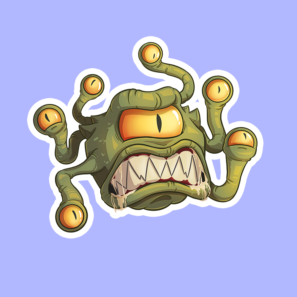 Beholder DnD Sticker - Green cartoon Beholder monster with one large central eye and five smaller eyes on stalks, sharp teeth, flat sticker shape.