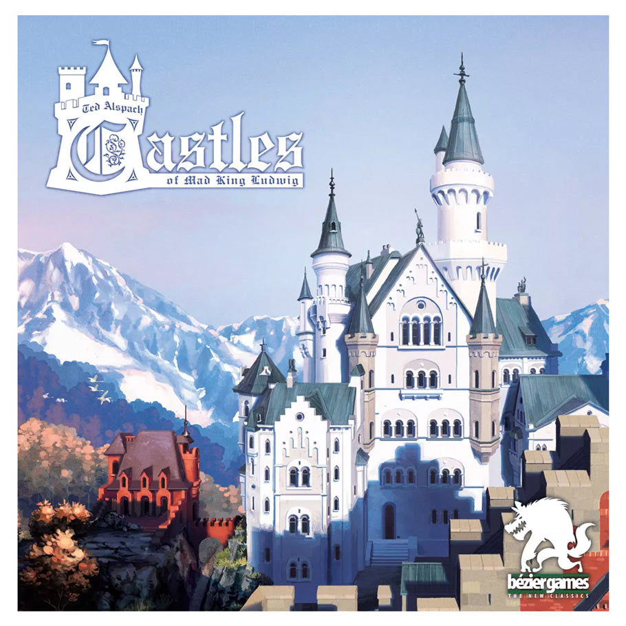 Castles of Mad King Ludwig Second Edition - Board game box art featuring a white fantasy castle with multiple turrets against a snowy mountain backdrop.