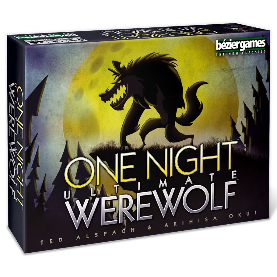 One Night Ultimate Werewolf - Dark-themed rectangular game box featuring a werewolf silhouette against a full moon with yellow and black tones.