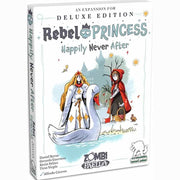 Rebel Princess: Happily Never After - White card game box featuring illustrated princess characters, one in royal attire riding a swan, the other in a red hooded.