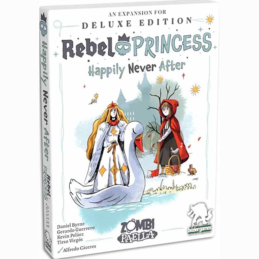 Rebel Princess: Happily Never After - White card game box featuring illustrated princess characters, one in royal attire riding a swan, the other in a red hooded.