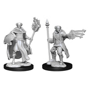 D&D Nolzur's Marvelous Minis: Multiclass Cleric & Wizard Male - Two unpainted fantasy miniatures on black bases, one holding a flaming staff and shield, the other casting a spell with a.