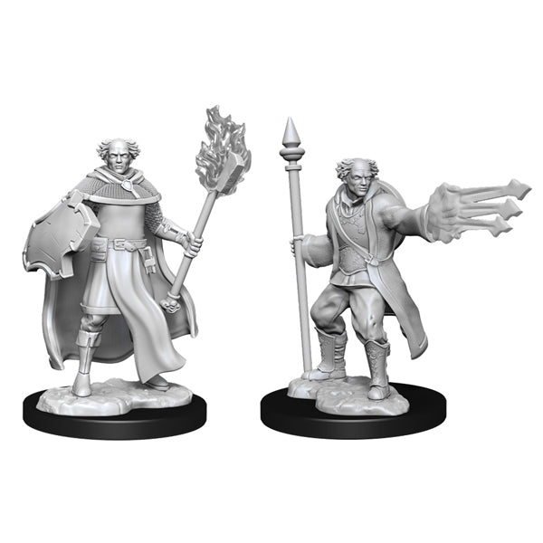 D&D Nolzur's Marvelous Minis: Multiclass Cleric & Wizard Male - Two unpainted fantasy miniatures on black bases, one holding a flaming staff and shield, the other casting a spell with a.