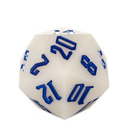 Giant Bouncy D20 - UV Color Change Blue - Large 20-sided bouncy die with raised blue numbers on a white surface, designed to change color under UV light.