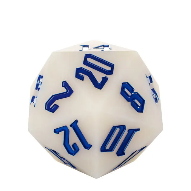 Giant Bouncy D20 - UV Color Change Blue - Large 20-sided bouncy die with raised blue numbers on a white surface, designed to change color under UV light.