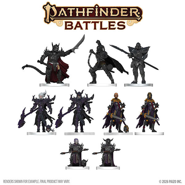 Pathfinder Battles: Hellknight Vanguard (PREORDER) - Set of nine dark fantasy miniatures featuring armored warriors and demonic figures wielding swords and staffs with detailed.