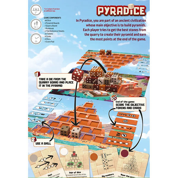 Pyradice (PREORDER) - Colorful Pyradice board game with pyramid tiles, dice, player pieces, and illustrated instructions.