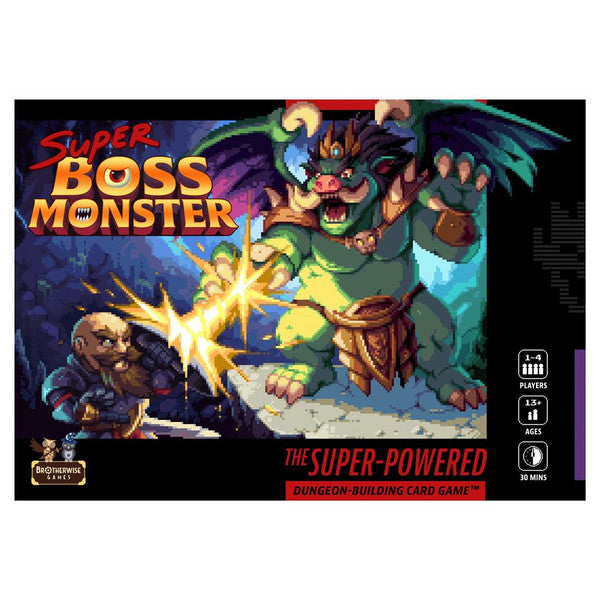 Boss Monster: Super Boss Monster - Board game box featuring a cartoonish green monster with horns and wings attacking a warrior, vibrant fantasy artwork with.