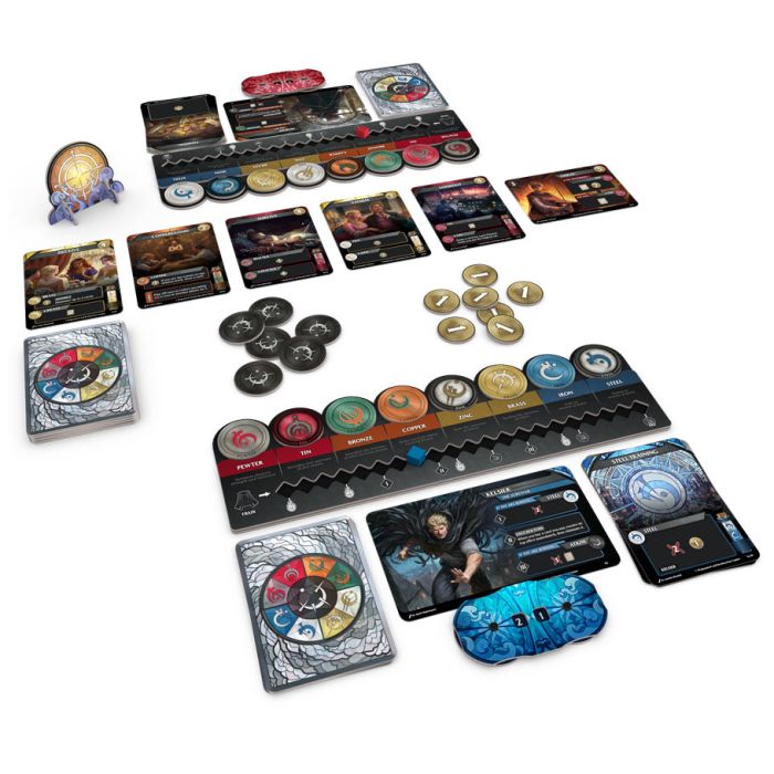 Mistborn: The Deckbuilding Game - Board game setup with dark-themed character and event cards, circular tokens in black, gold, and multicolor, and blue dice.