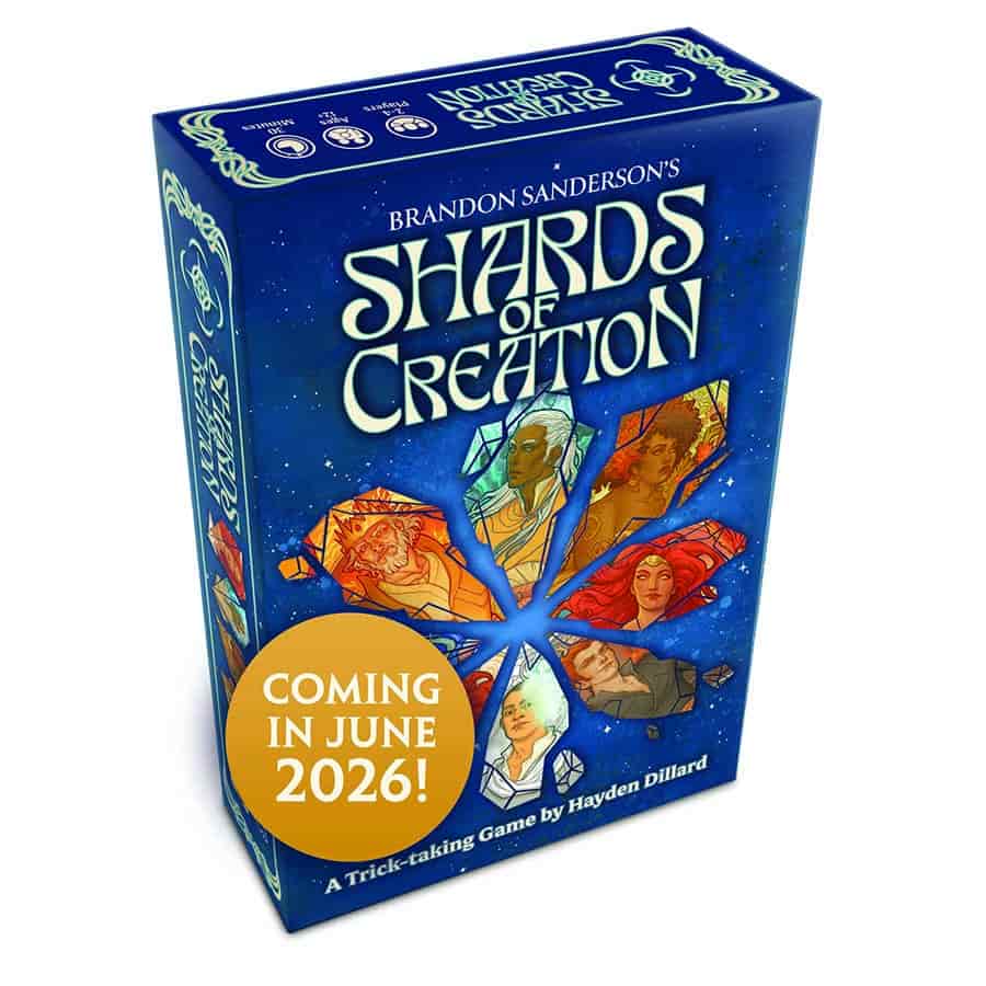 Shards of Creation: Base Game (PREORDER) - Blue rectangular board game box featuring stylized crystals and fantasy character illustrations with "Shards of Creation".