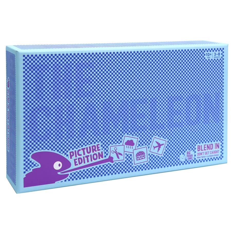The Chameleon: Pictures - Rectangular box with blue checkered pattern, purple chameleon logo, and images of cards labeled "Picture Edition" for party.