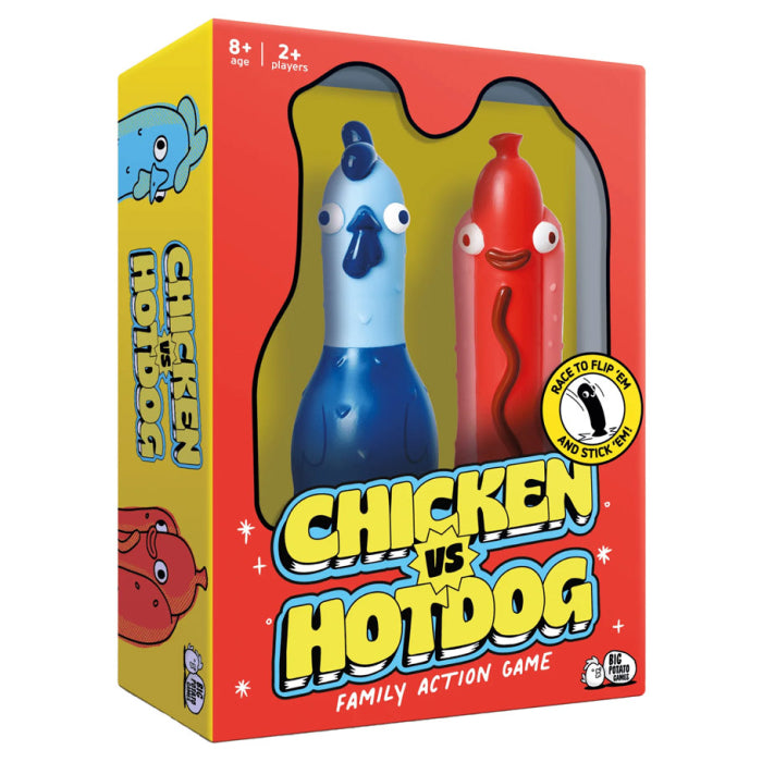 Chicken vs Hot Dog - Brightly colored Chicken vs Hot Dog family action game box with blue chicken and red hot dog figures visible through window.