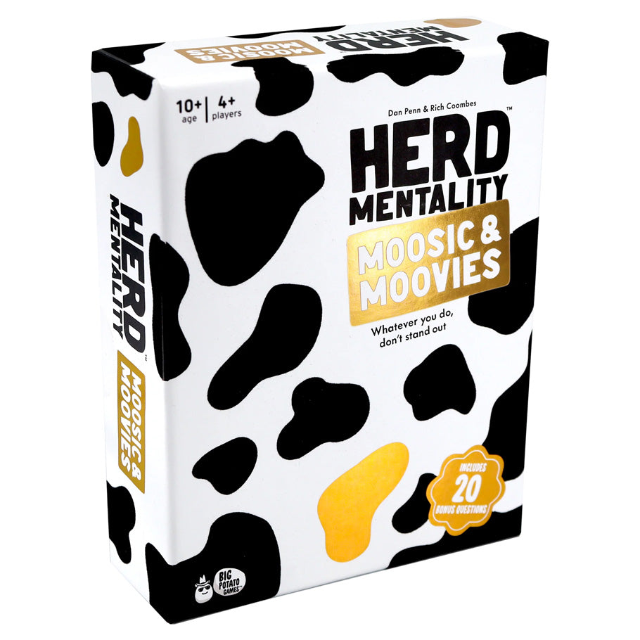 Herd Mentality: Moosic & Moovies - White and black cow print game box titled Herd Mentality Moosic & Moovies with yellow and black text, for ages 10+ and 4+.