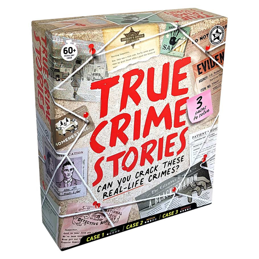 True Crime Stories - Square board game box with red bold text "True Crime Stories" on collage of crime evidence photos and newspaper clippings.