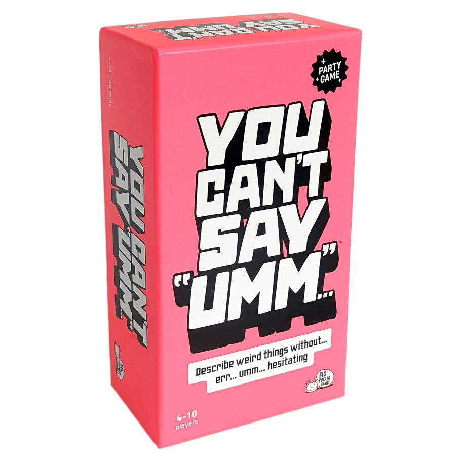 You Can't Say Umm - Bright pink rectangular box with bold white and black text reading "You Can't Say 'Umm'" party game packaging.