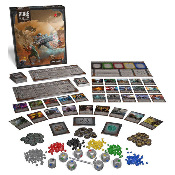 RONE: Invasion - Invasion board game with dark sci-fi box, colorful cards, hexagonal tokens, and player boards arranged on white surface.