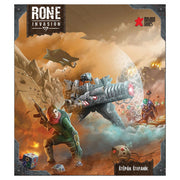 RONE: Invasion - Board game box cover with soldiers in futuristic armor battling on a brown, rocky battlefield under a smoky sky.