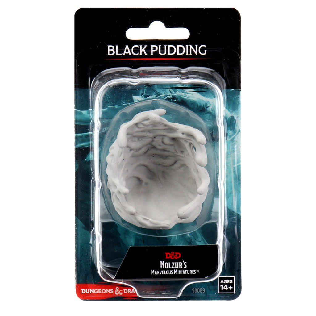D&D Nolzur's Marvelous Miniatures: Black Pudding - Unpainted gray plastic miniature of a round, amorphous creature with a textured, segmented surface and an open mouth center.