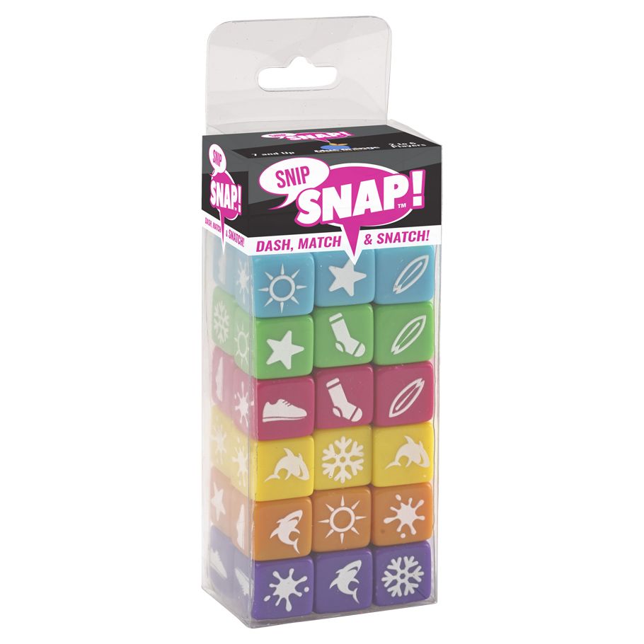 Snip Snap! - Colorful cube puzzle with icons like sun, star, rocket, and leaf in a clear rectangular plastic box labeled Snip Snap!