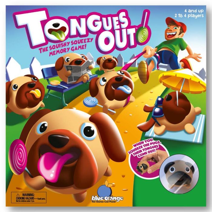 Tongues Out! - Colorful board game box featuring cartoon dogs with large tongues and playful design elements.