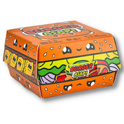 Burger ASAP! - Bright orange burger-shaped box with sesame seed pattern and colorful lettuce, tomato, and cheese graphics labeled "Burger.