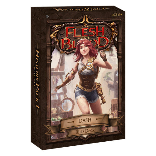 Flesh and Blood - History Pack 1 - Blitz Decks - Dark brown Flesh and Blood History Pack 1 Blitz Deck box featuring a female warrior with red hair and armor on the front.