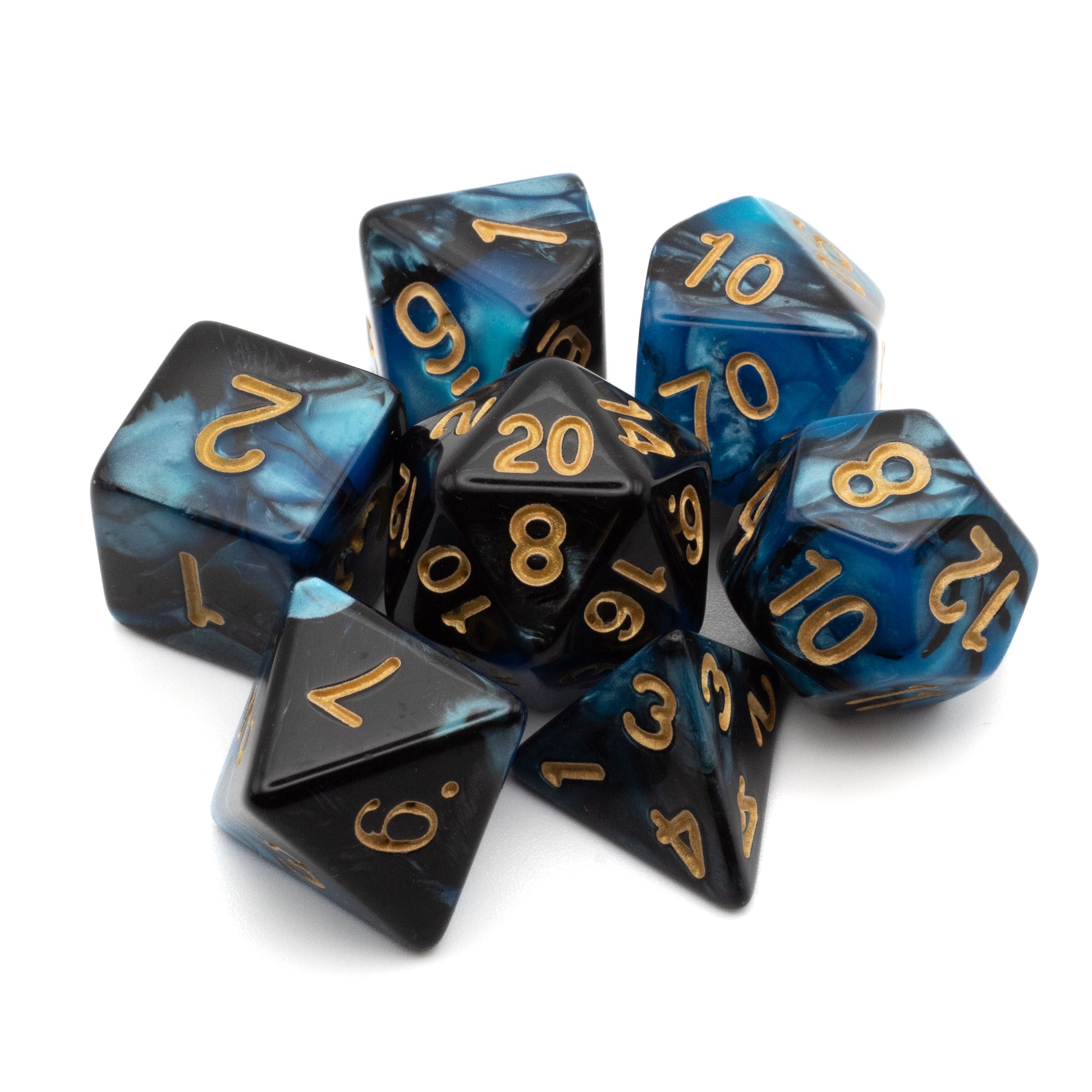 Blue and Black Marbled Dice Set - Set of seven acrylic polyhedral dice in marbled blue and black with gold numbering.