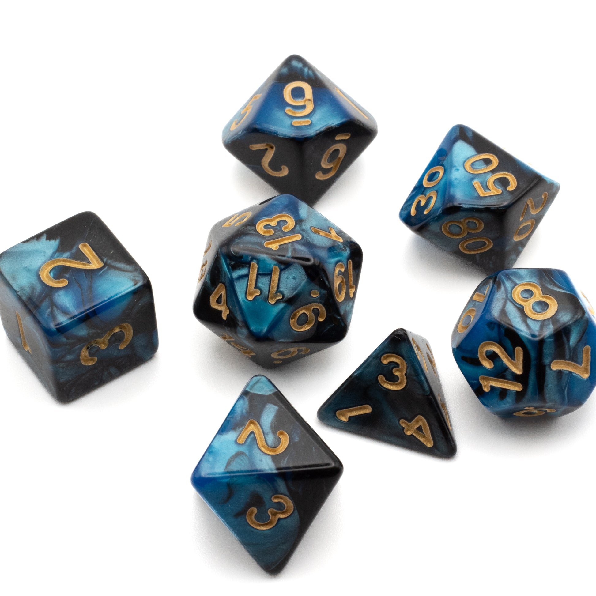 Blue and Black Marbled Dice Set - Set of seven blue and black marbled acrylic dice with gold numbering, including d4, d6, d8, d10, d12, and d20 shapes.