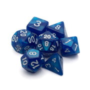 Blue Marbled Acrylic Dice Set - Set of seven blue marbled acrylic dice with white numbering, including d20, d12, d10, d8, d6, and d4 shapes.