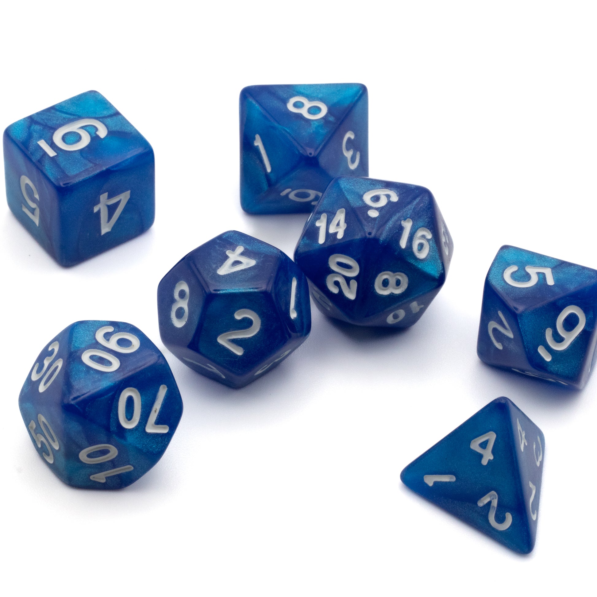 Blue Marbled Acrylic Dice Set - Set of seven blue marbled acrylic dice with white numbering, including d4, d6, d8, d10, d12, d20, and percentile dice.