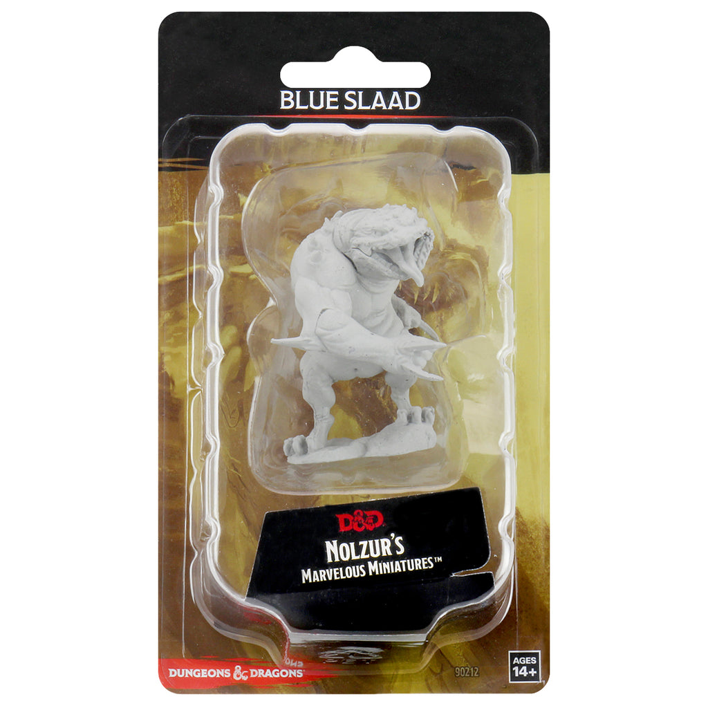 D&D Nolzur's Marvelous Minis: Blue Slaad - Unpainted gray miniature of a Blue Slaad creature with muscular arms and reptilian features in clear blister packaging with.