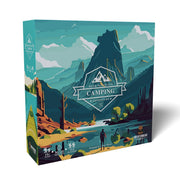 Bear Mountain Camping Adventure - Square board game box with mountain landscape art featuring green and blue tones, a campsite with tents, and a hiker walking