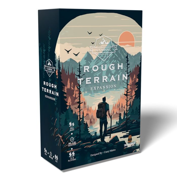 Bear Mountain Camping Adventure: Rough Terrain Expansion - Tall rectangular game box with dark blue and orange mountain artwork, showing a hiker overlooking a forest at sunset, titled