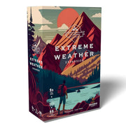 Bear Mountain Camping Adventure: Extreme Weather Expansion - Box cover showing a hiker by a river with red mountains and a large orange sun, dark blue and green color scheme.
