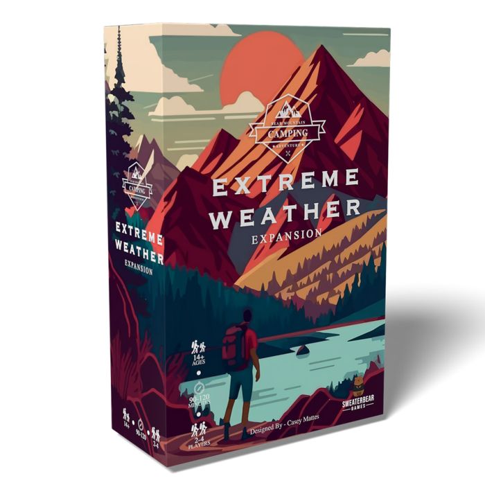 Bear Mountain Camping Adventure: Extreme Weather Expansion - Box cover showing a hiker by a river with red mountains and a large orange sun, dark blue and green color scheme.