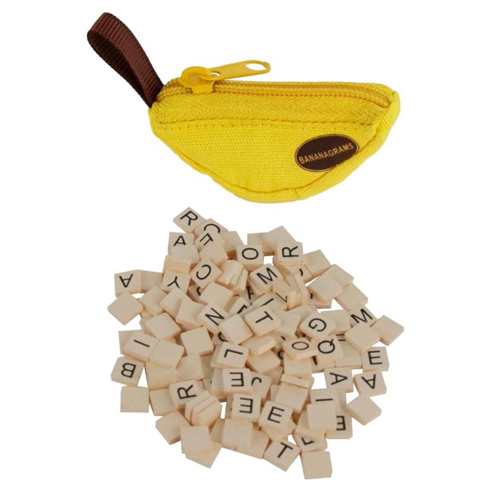 Bananagrams: World's Smallest - Yellow banana-shaped zippered pouch with brown pull tab and scattered cream letter tiles for word game.