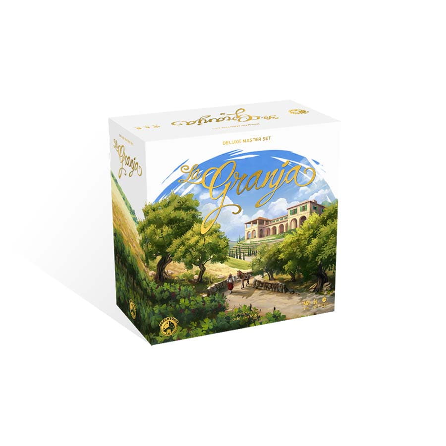 La Granja: Deluxe Master Set - Square board game box with detailed countryside farm illustration, green trees, dirt path, and a large white farmhouse under