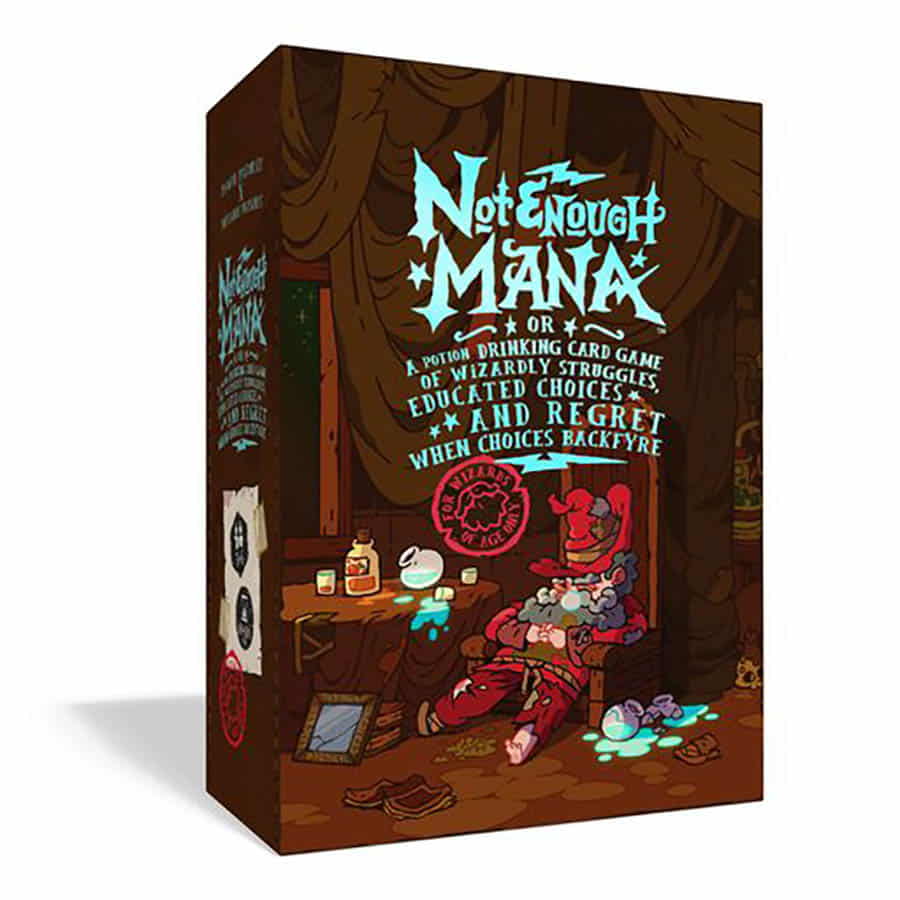 Not Enough Mana - Dark brown box featuring colorful cartoon wizard lounging with cards, whimsical fonts, and magical elements.