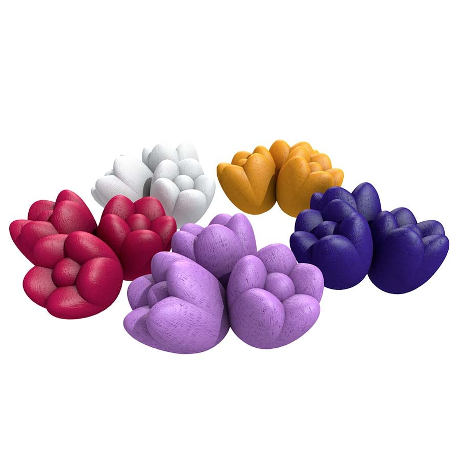 Windmill Valley: Tulips Upgrade Kit - Colorful tulip-shaped game pieces in red, white, yellow, purple, and dark blue with a smooth matte finish.