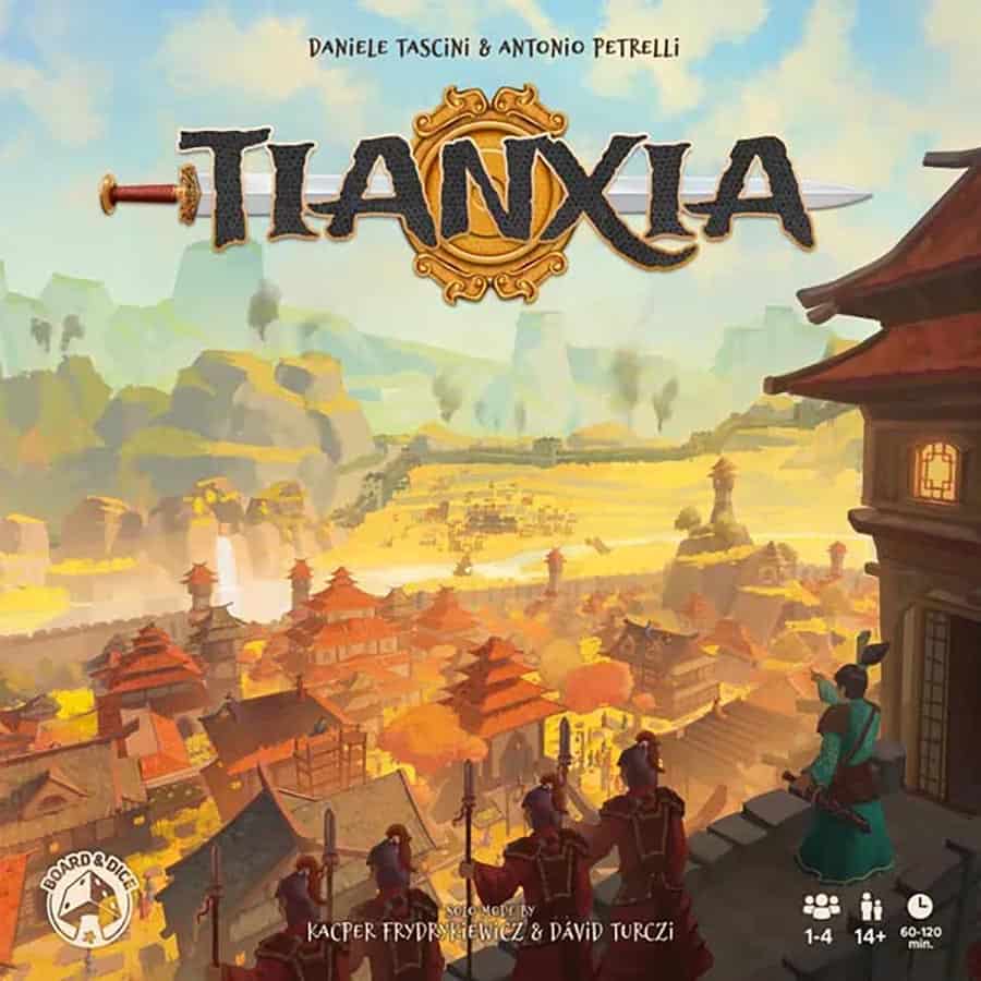 TIANXIA - Board game box featuring a detailed illustration of an ancient Asian-inspired cityscape at sunset with mountains in the.