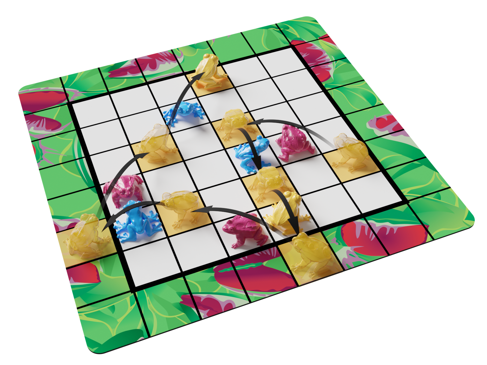 Frog Chess - Square chessboard with white grid squares and green floral border, featuring colorful frog-shaped game pieces in blue, pink,