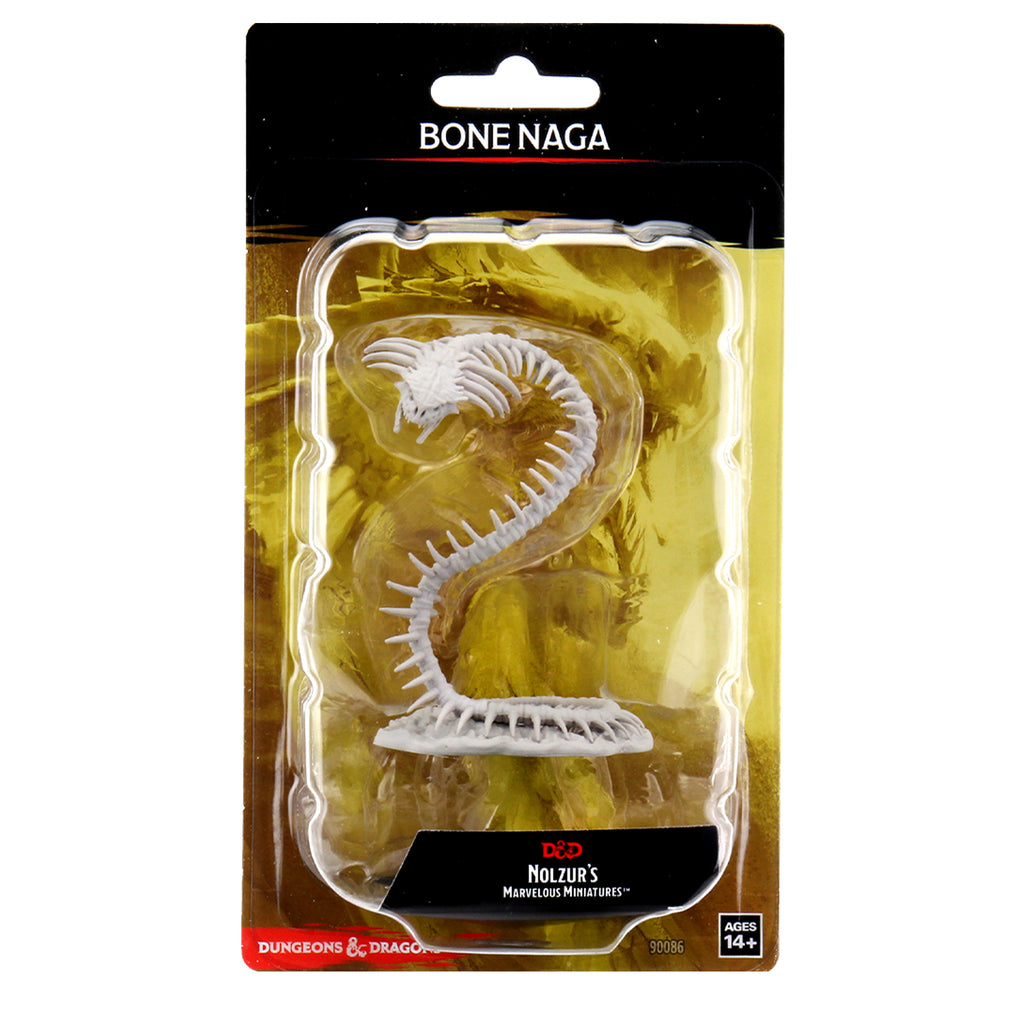 D&D Nolzur's Marvelous Miniatures: Bone Naga - Unpainted white plastic miniature of a serpentine bone naga with ribcage and skull details in clear blister pack.