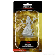 D&D Nolzur's Marvelous Minis: Boneclaw - Unpainted gray plastic miniature of a skeletal humanoid creature with elongated claws and tattered robes on a round base.