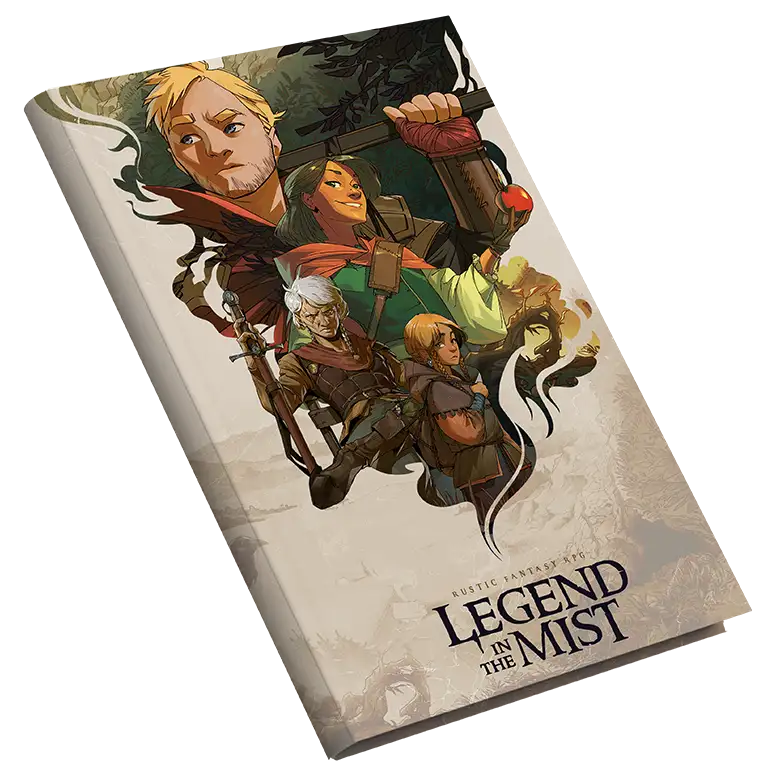 Legend in the Mist: Corebook (PREORDER) - Book cover of Legend in the Mist RPG corebook featuring illustrated fantasy characters against a misty forest background.