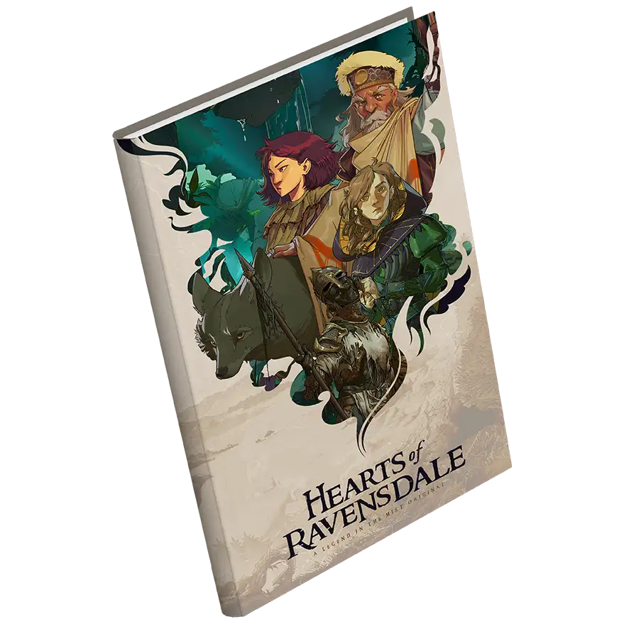Legend in the Mist: Hearts of Ravensdale: Setting Book (PREORDER) - Softcover RPG book titled Hearts of Ravensdale featuring illustrated fantasy characters on the cover.